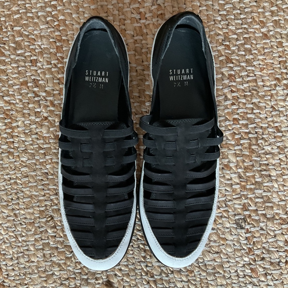 Woven black suede white rubber sole 7.5 slip on